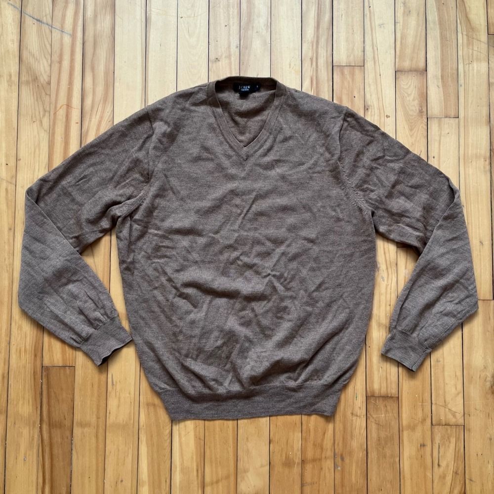 J Crew Italian Merino Wool V Neck Sweater Mens XL Brown Long Sleeve Pullover